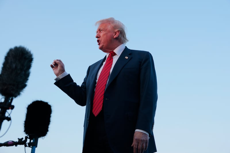 President Donald Trump speaks to reporters near Air Force One at the the Lehigh Valley International Airport on August 3, 2025 in Allentown, Pennsylvania.