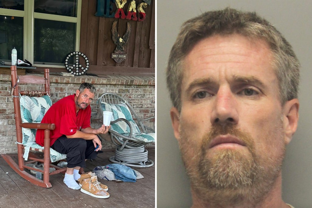 Mugshot and photo of a man sitting on a porch.