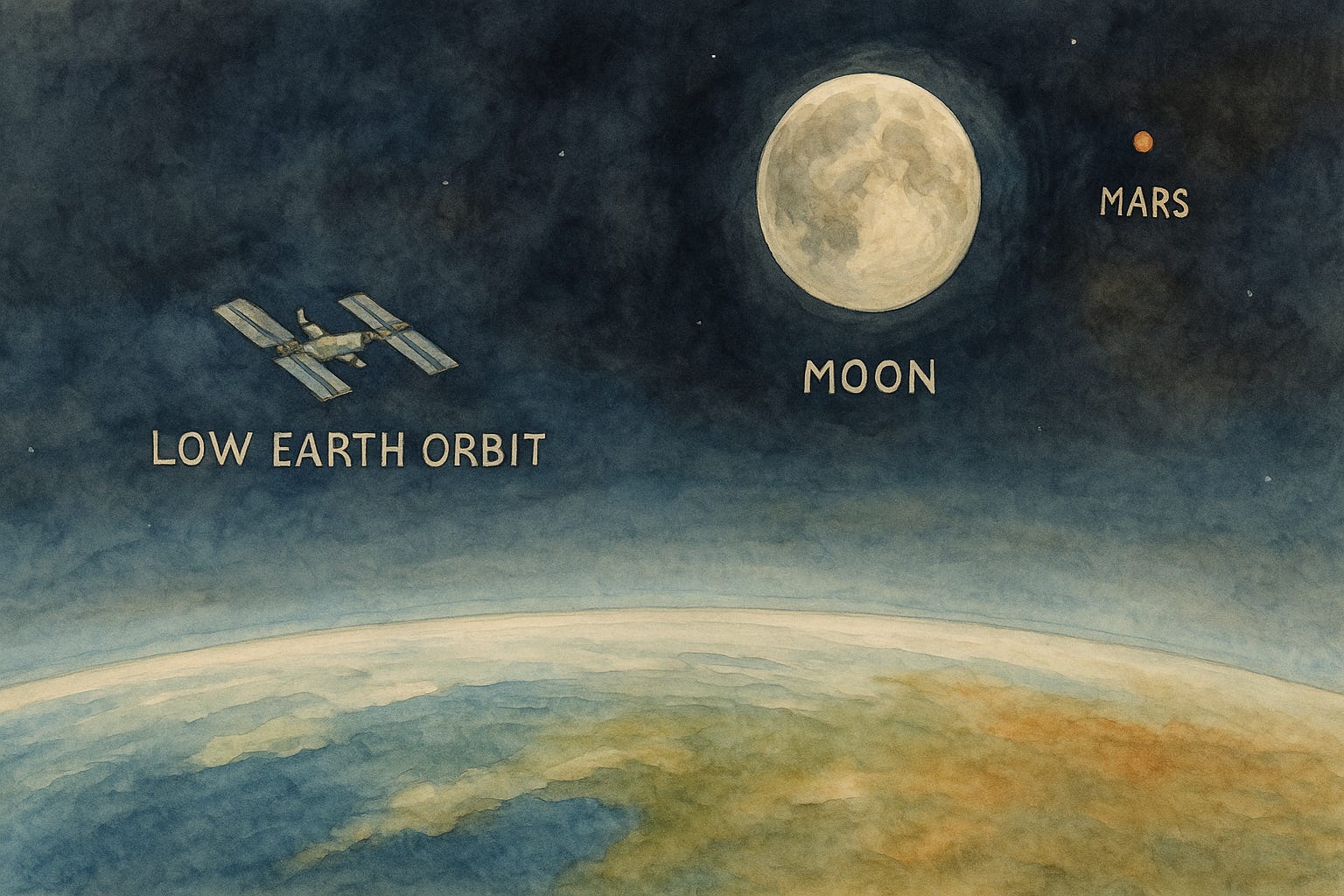 illustartion showing three locations where humans could feasibly live beyond earth: low earth orbit, the moon, and Mars
