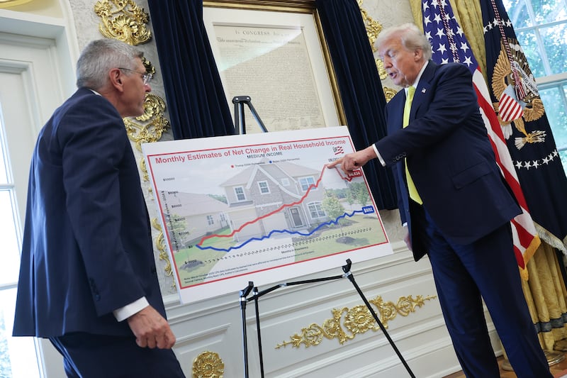 President Donald Trump points to a chart with economic data with Stephen Moore (L), Senior Visiting Fellow in Economics at The Heritage Foundation, in the Oval Office on August 07, 2025 in Washington, DC.
