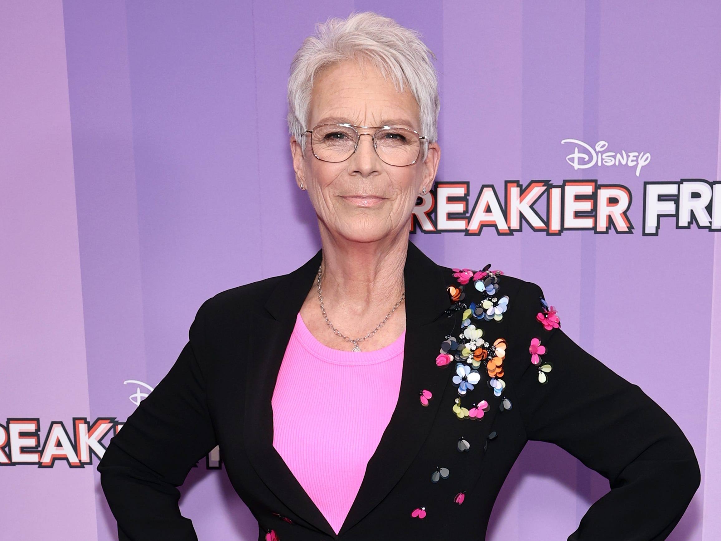 Jamie Lee Curtis poses during a press stop for "Freakier Friday."