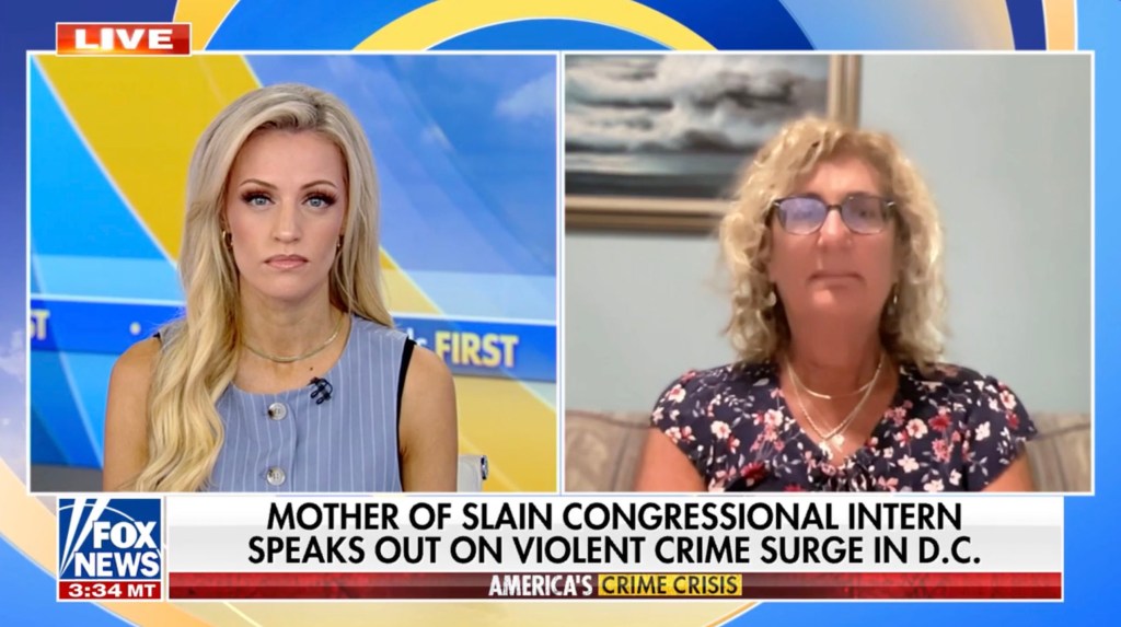Screenshot of a Fox News segment featuring the mother of a slain congressional intern discussing D.C.'s crime surge.