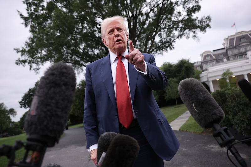 President Donald Trump speaks to the media as he departs the White House on August 01, 2025 in Washington, DC.