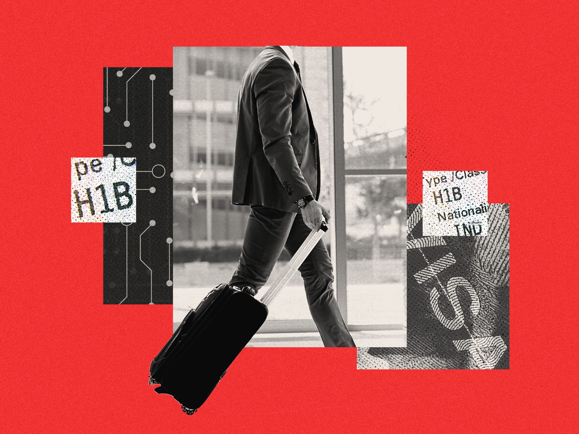 A photo collage features a businessman pulling a suitcase surrounded by a tech pattern, a visa stamp, and H-1 B visa elements.