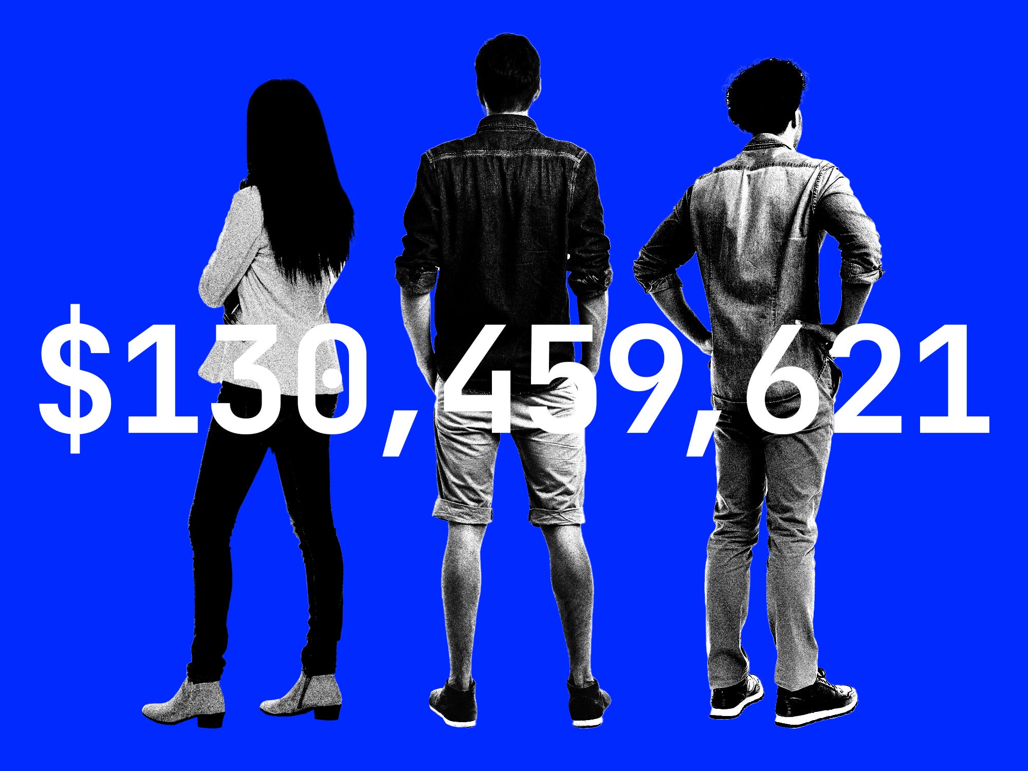 A group of employees overlayed by moving salary numbers