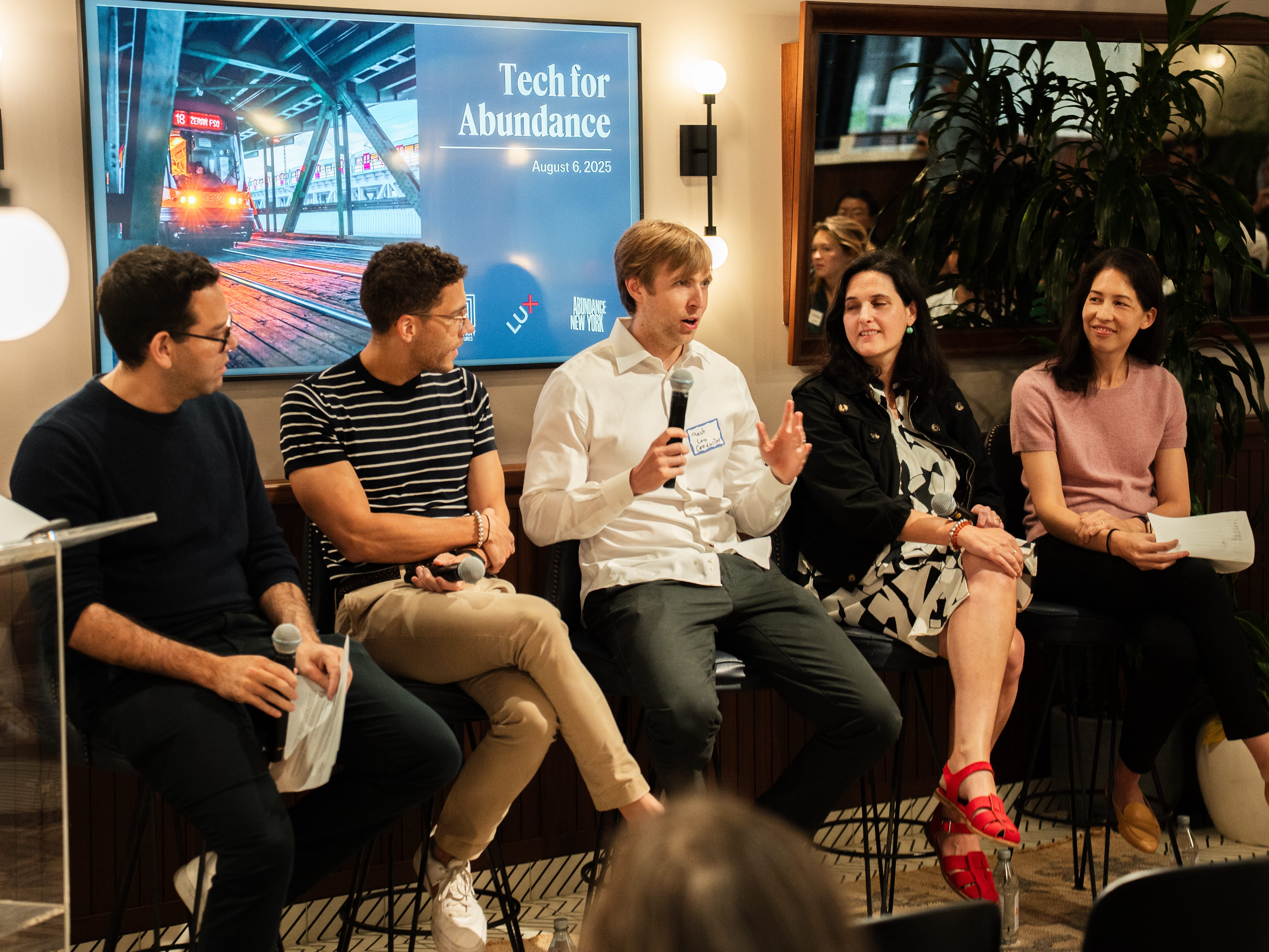 Ryder Kessler and Catherine Vaughan, the cofounders of Abundance New York, with Assembly OSM's Andrew Staniforth, Conductor.ai's Zachary Long, and the New York Climate Exchange's Shaina Horowitz.