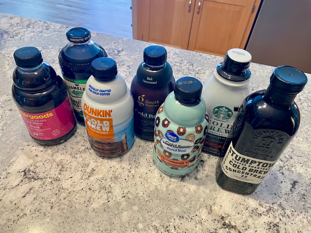 Bottles of coldbrew on counter