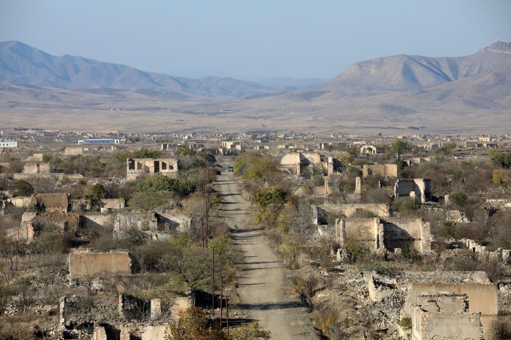 General view of the ruined town of Agdam in Karabakh, Azerbaijan.
