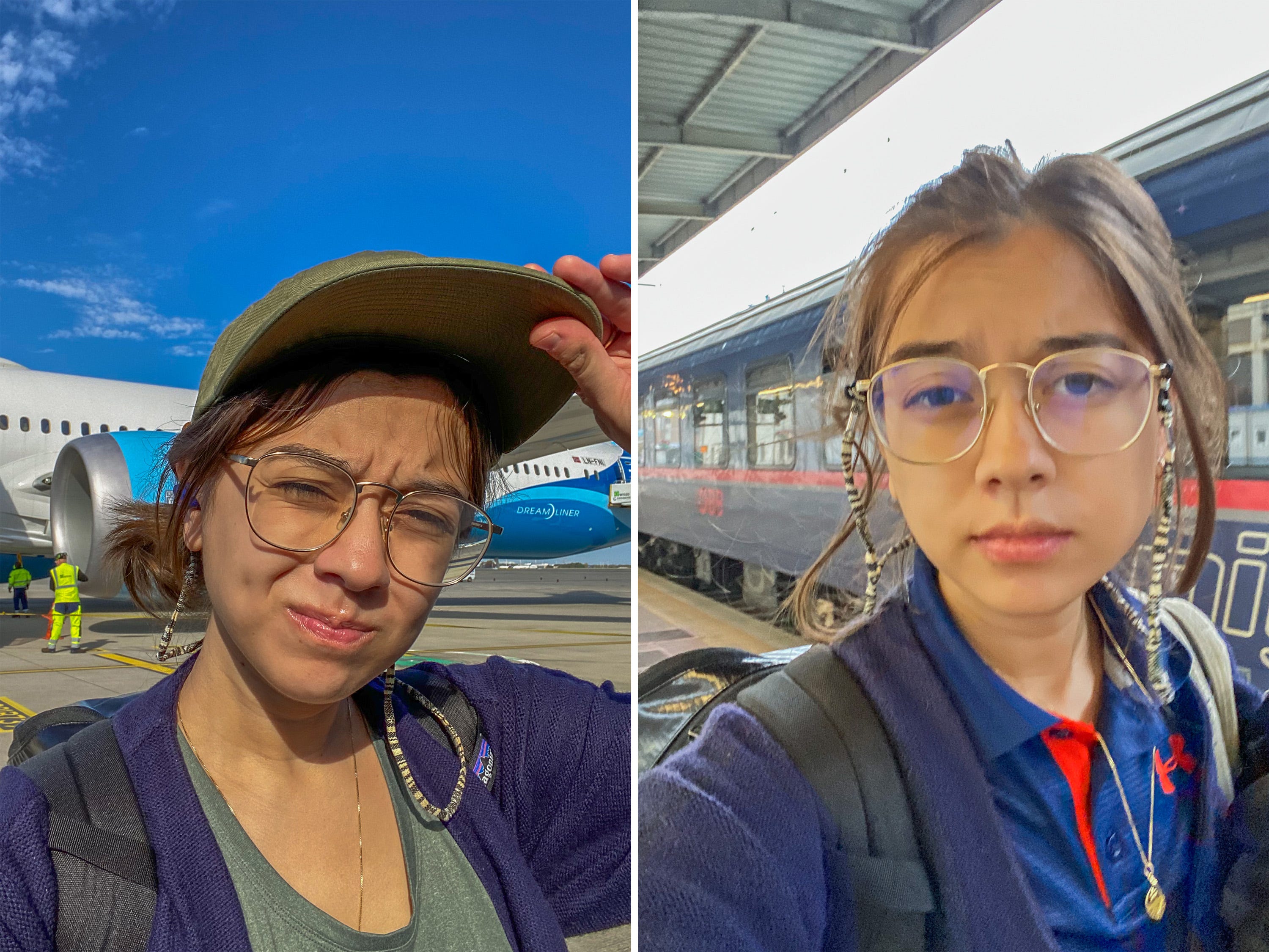 A composite image of the author taking a selfie in front of a plane and a train