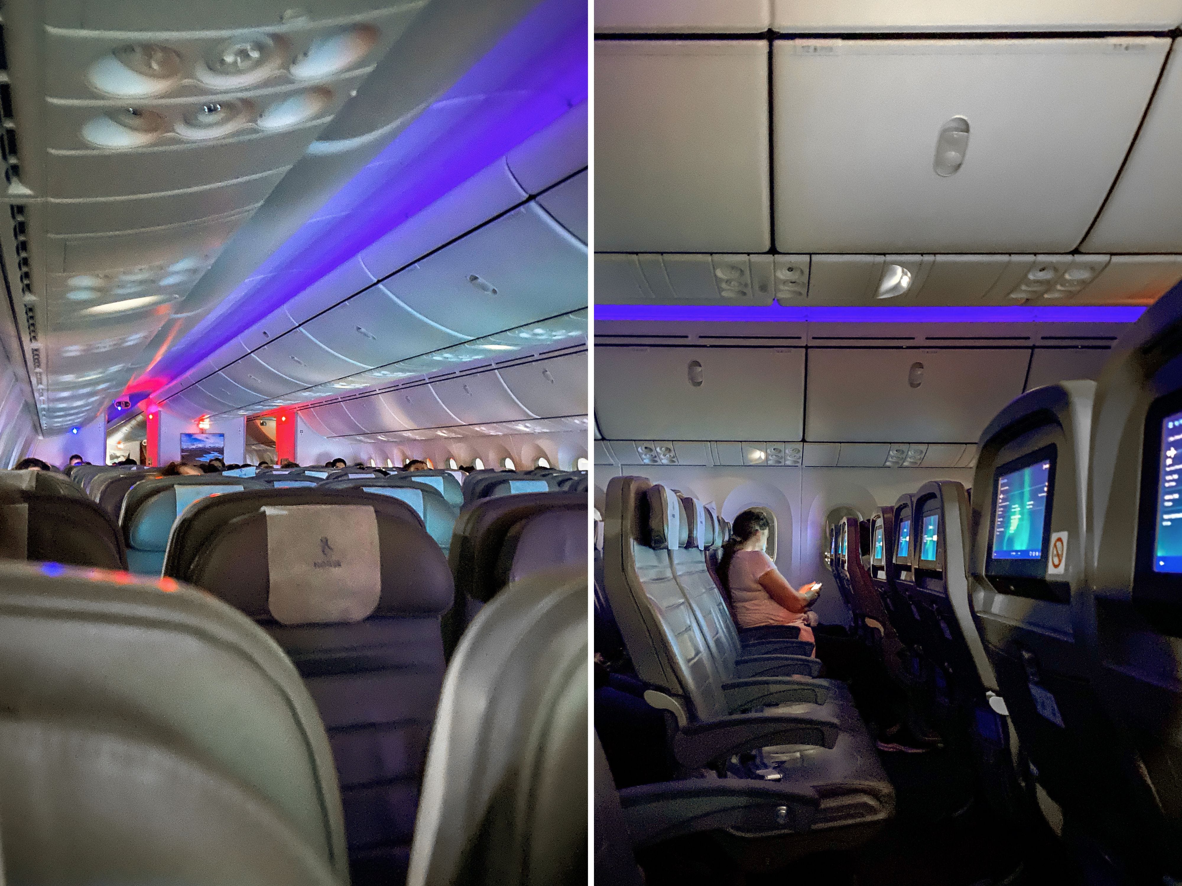 A composite image of an economy cabin on a red-eye Norse flight seen from two different angles