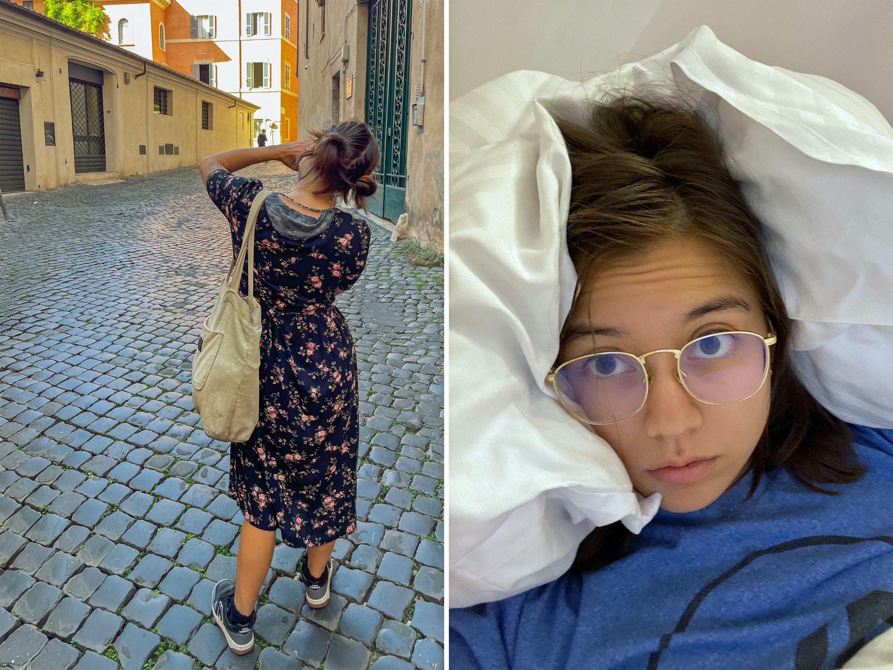 A composite image of the author taking a photo on a cobblestone street in Rome and resting in bed in Germany