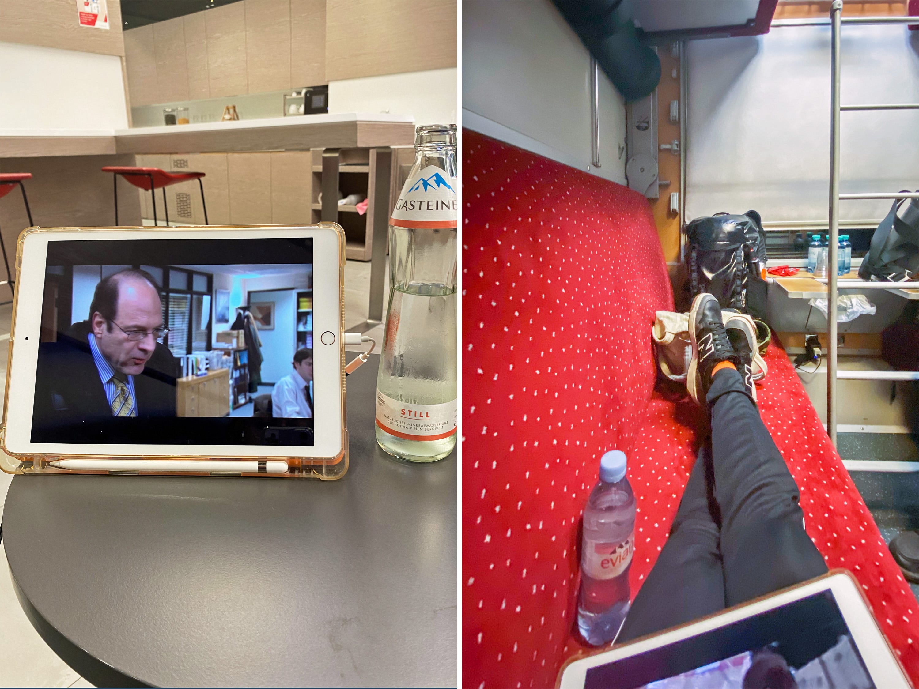 A composite image of the author usingher iPad in a train station  and in a train sleeper car