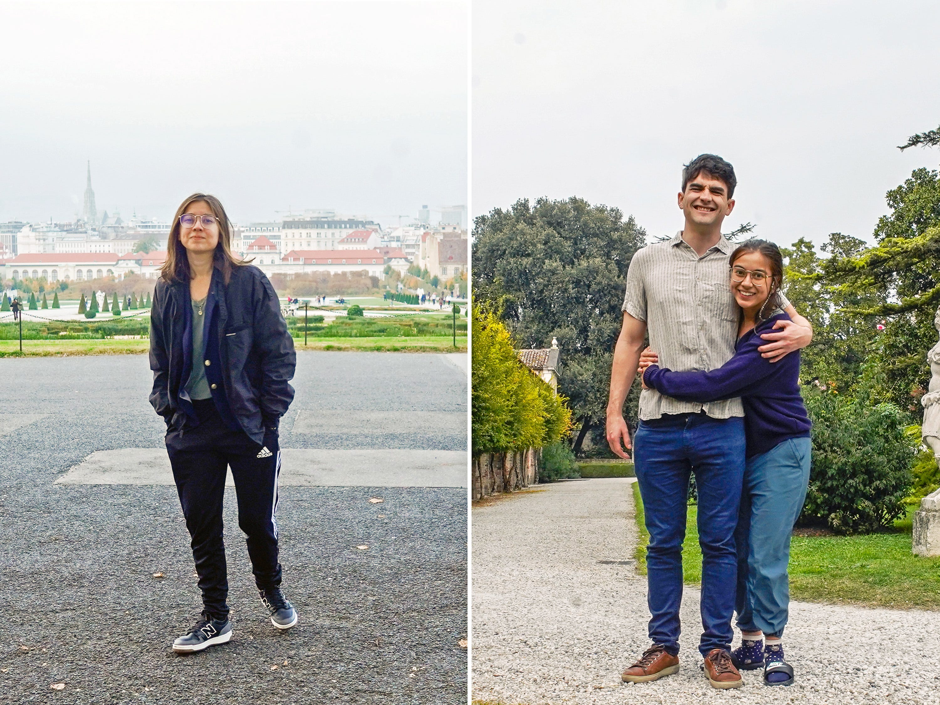 A composite image of the author alone in Austria and with her partner in Italy