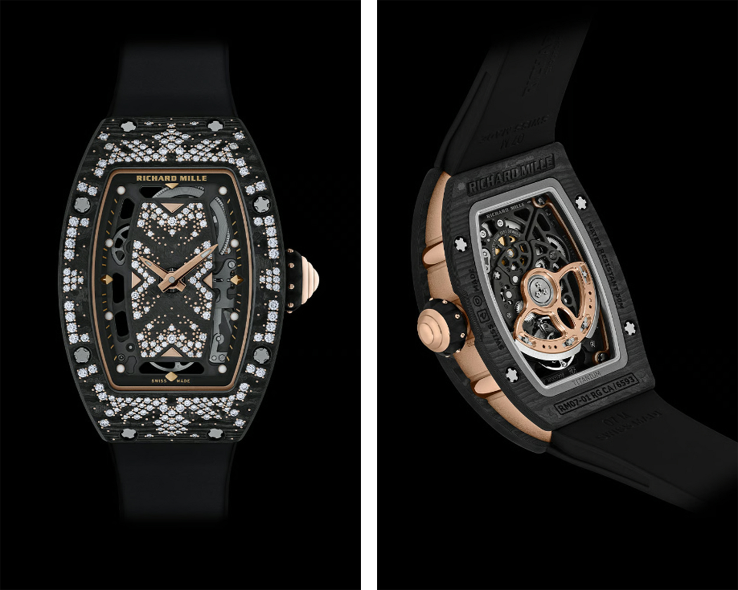 A closer look at the front and back of Richard Mille's RM 07-01 Intergalactic Dark Night timepiece.
