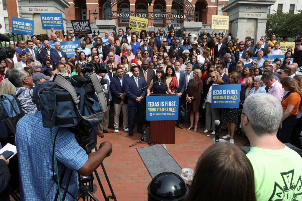 Texas Democratic lawmakers holding a press conference in Boston.