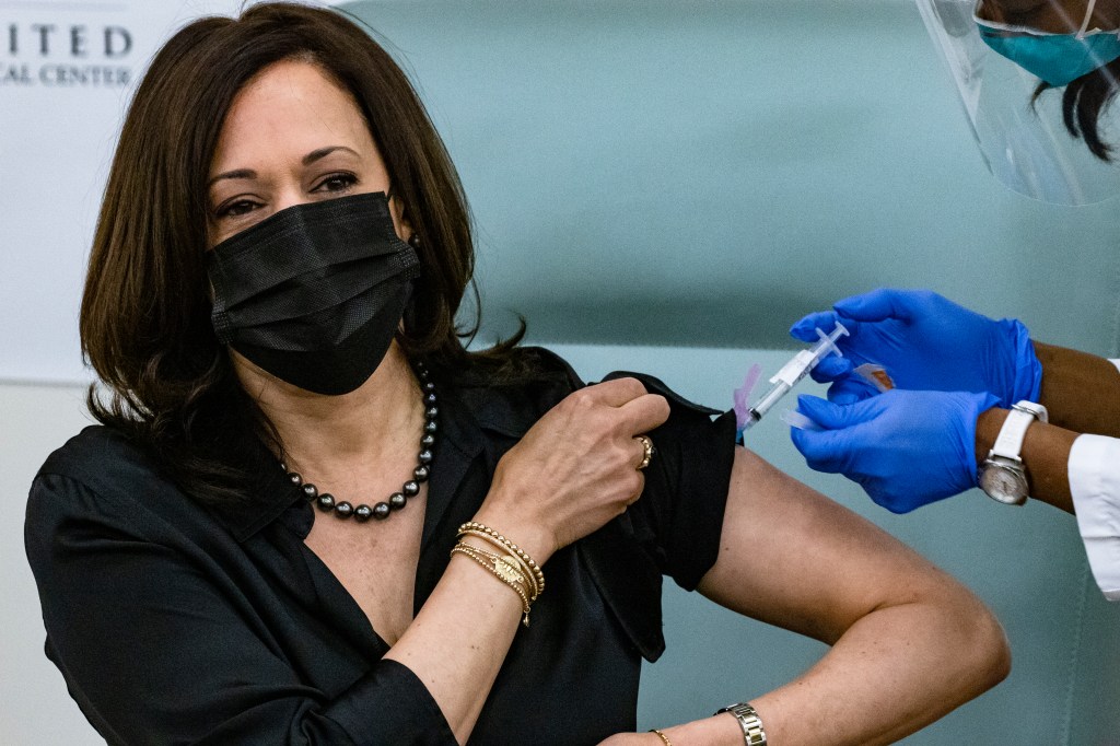 Vice President-elect Kamala Harris receives a Moderna COVID-19 vaccine at the United Medical Center in Washington, DC, on Dec. 29, 2020.