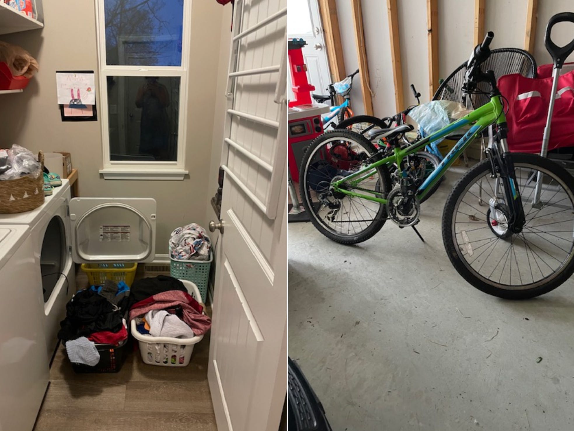 Composite image of a small laundry room on the left and a bike in a garage on the right.