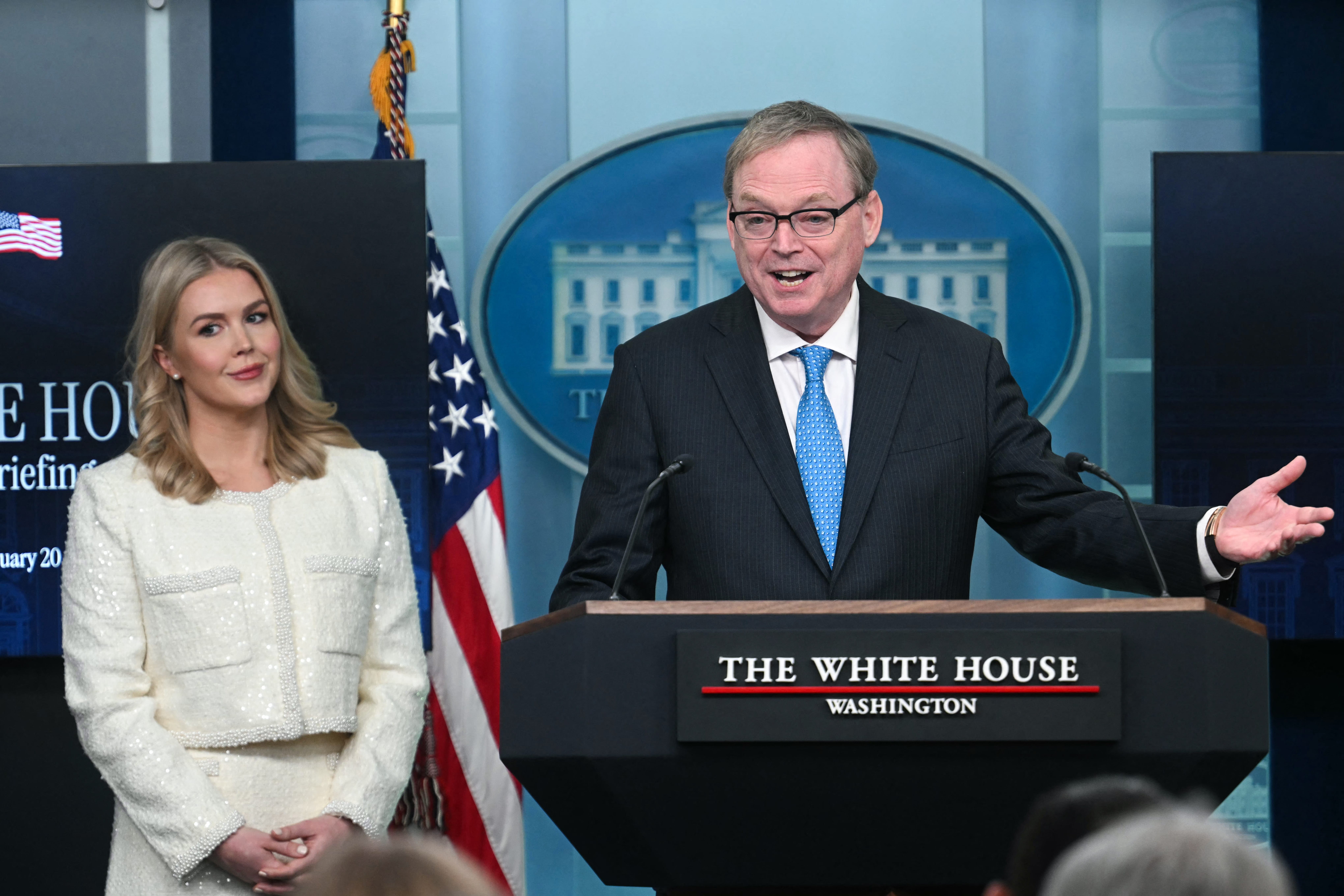 Karoline Leavitt and Kevin Hassett at the White House on February 20, 2025.