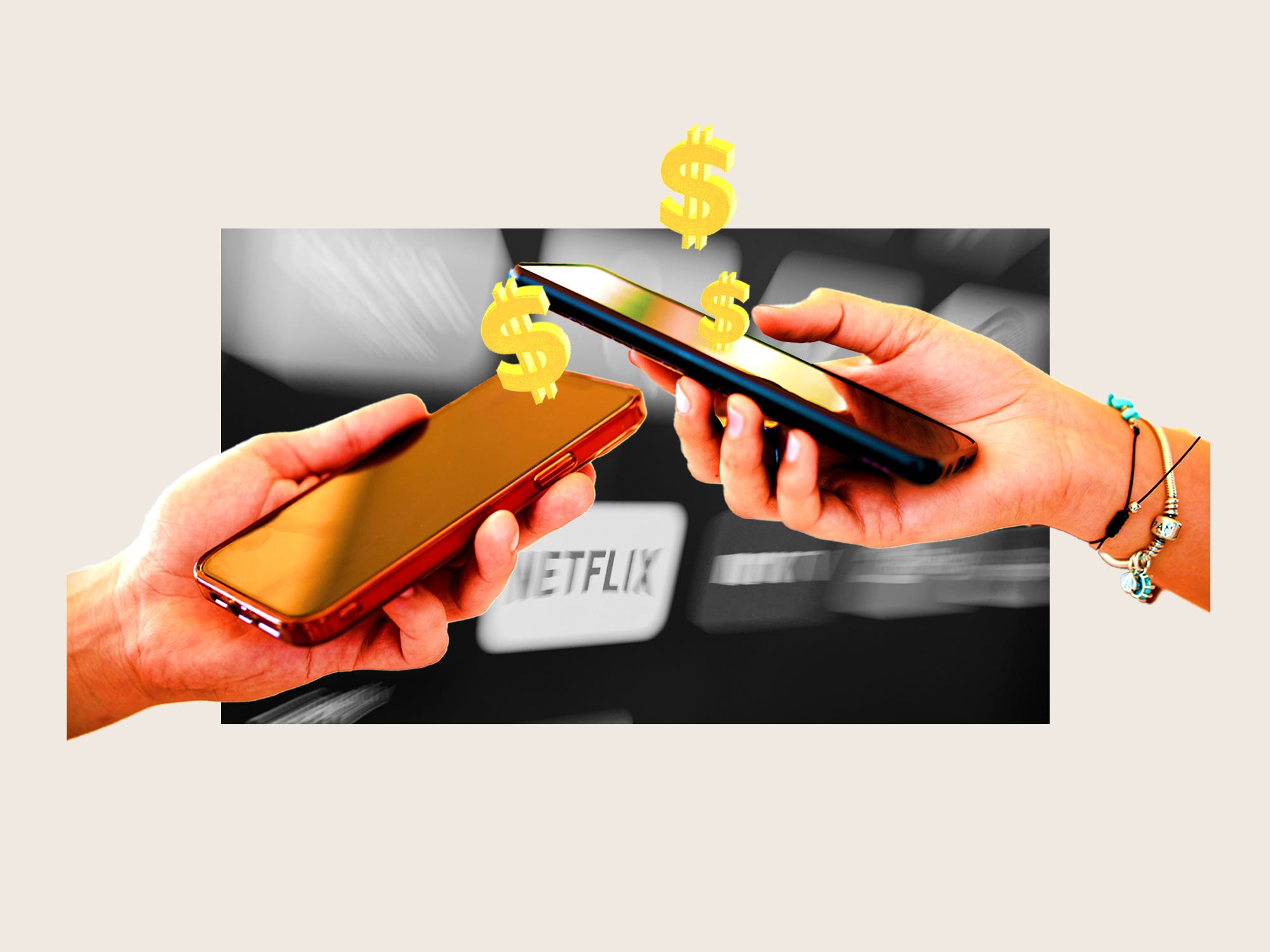 Two friends holding phones closely together, surrounded by dollar signs and a photo of an Apple TV Menu.