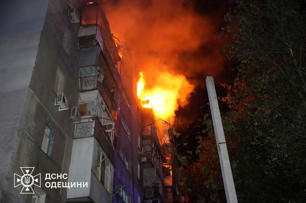 A fire engulfs a building damaged by a Russian drone strike in Odesa, Ukraine on July 19, 2025.