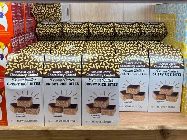 Trader Joe's peanut butter crispy rice bites on display on a shelf.