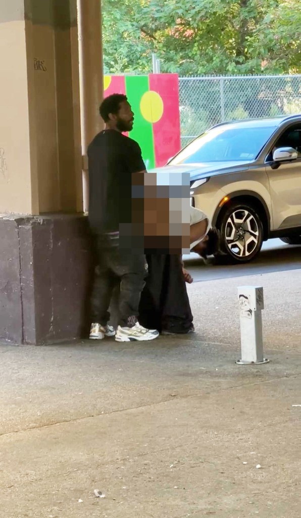 Two people engaging in sexual activity in public.