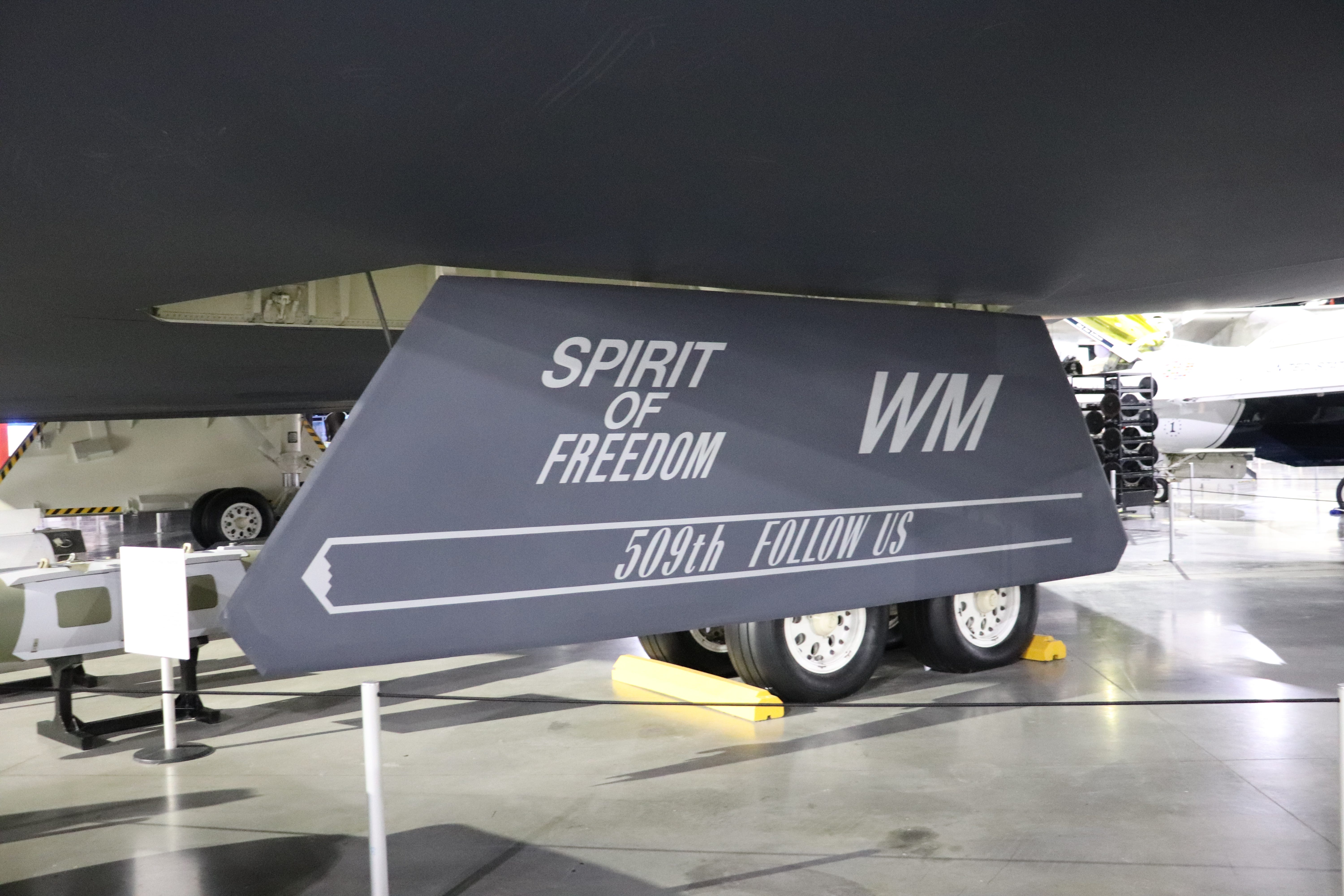 "Spirit of Freedom" written on one of the landing gear doors of a B-2 at the National Museum of the US Air Force.