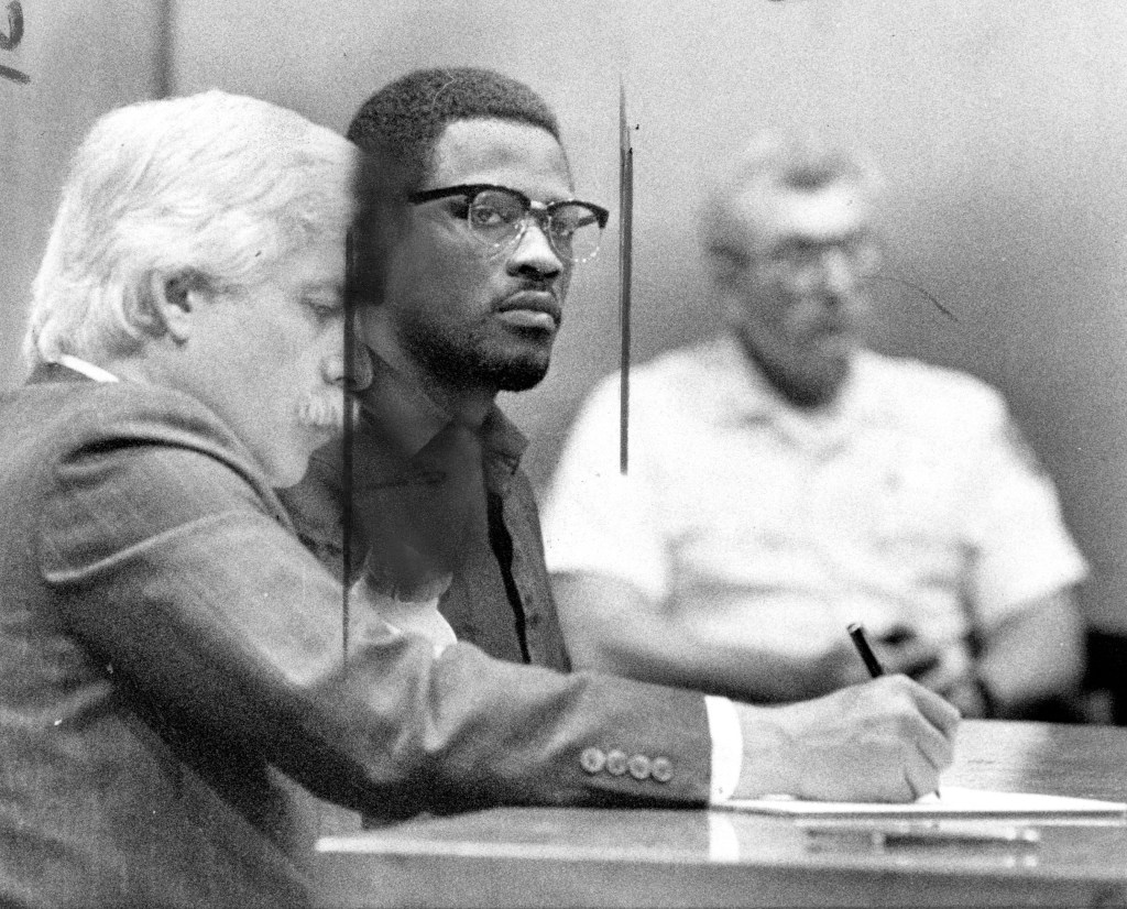 Black and white photo of David McClary in court.