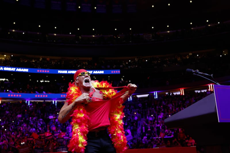 Hulk Hogan takes the stage during a campaign rally for Donald Trump at Madison Square Garden on October 27, 2024 in New York City.