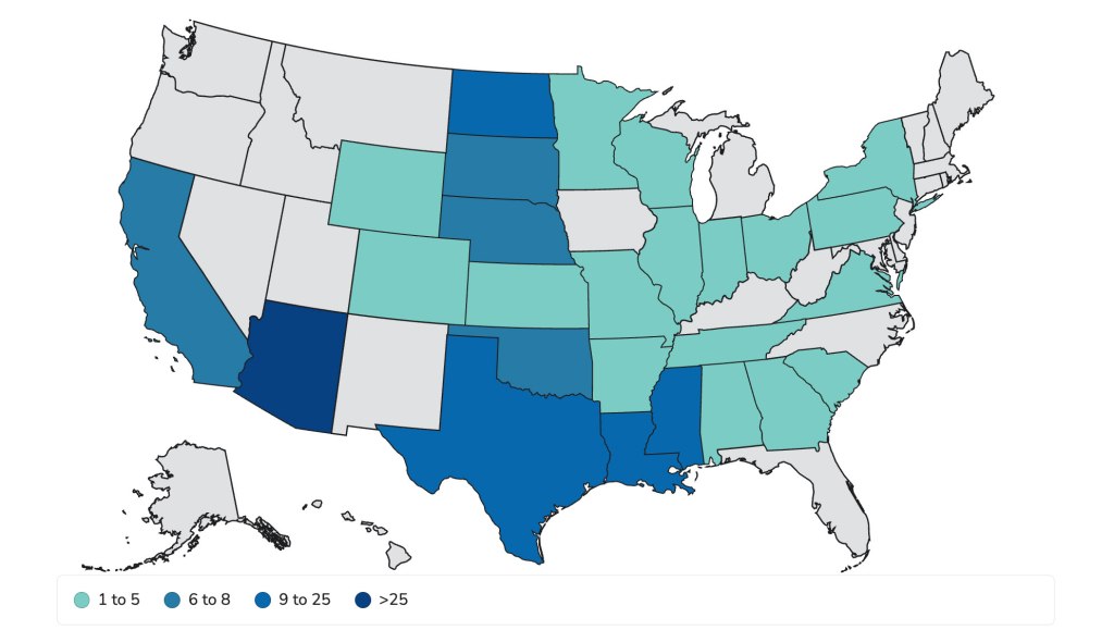 Map of West Nile Virus cases in the US by state.