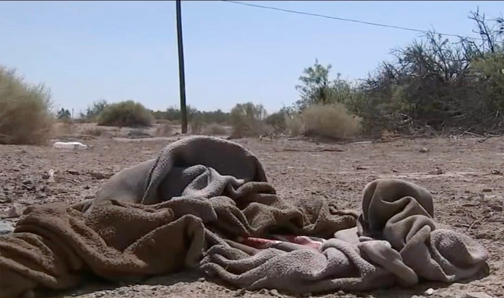 Bloody blanket on the ground near Newberry Springs, California.