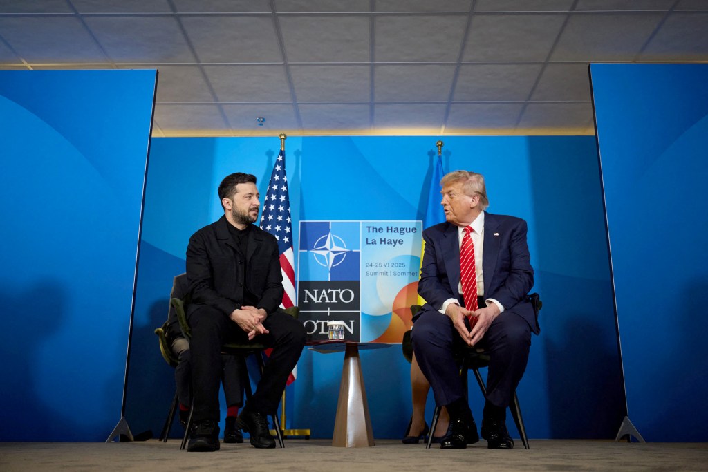 Volodymyr Zelensky and Donald Trump meeting at the NATO summit in The Hague.