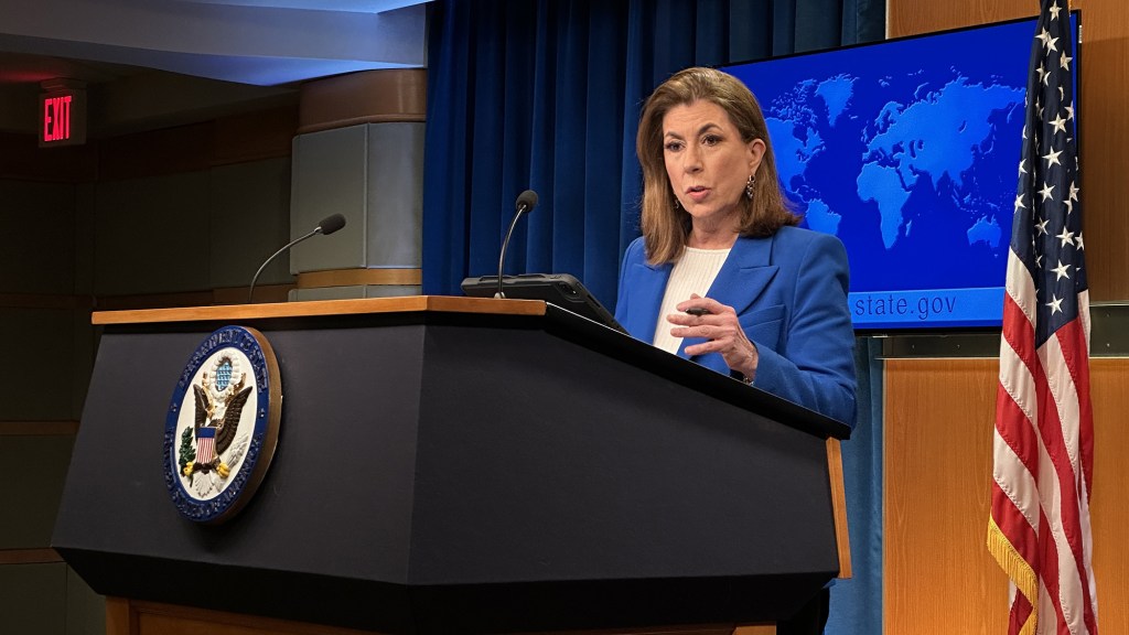 U.S. State Department spokesperson Tammy Bruce at a press briefing.
