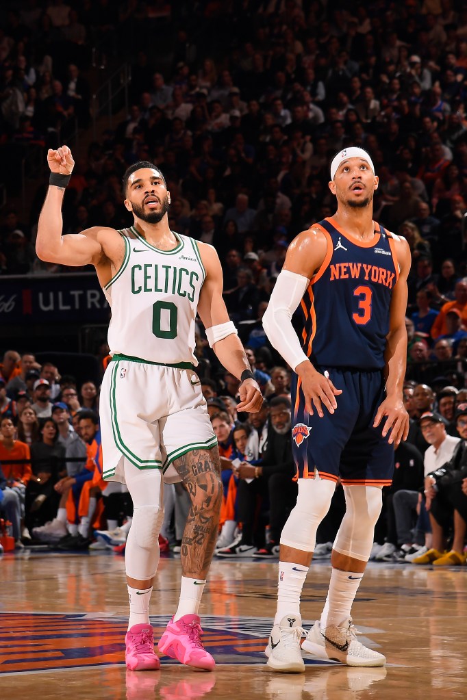 Boston Celtics' Jayson Tatum shoots the ball during Game 4 of the Eastern Conference Semifinals against the New York Knicks at Madison Square Garden on May 12, 2025.