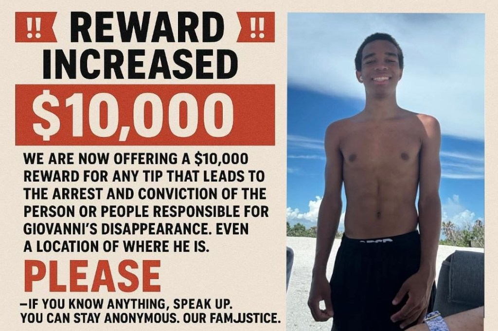 Reward poster offering $10,000 for information leading to the arrest and conviction of those responsible for Giovanni Pelletier's disappearance.