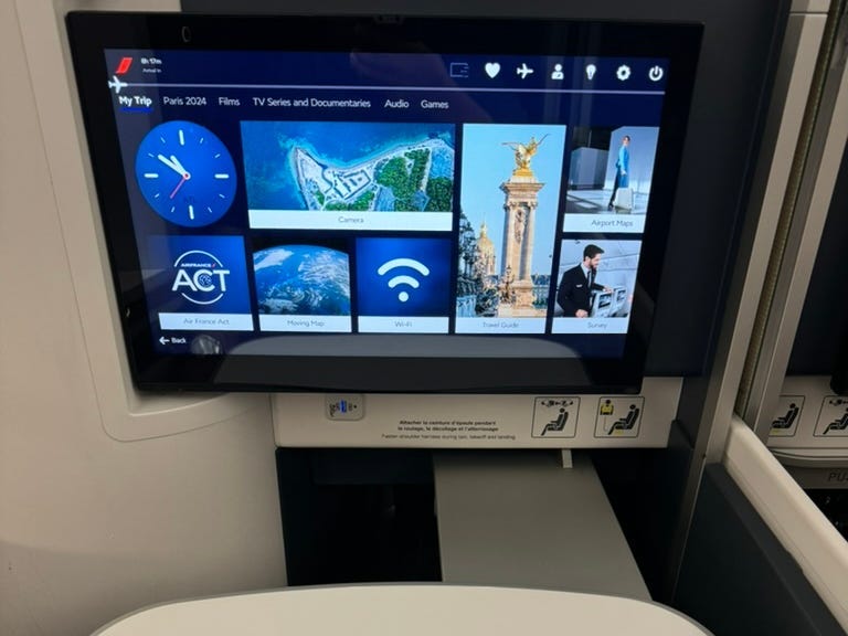 Entertainment screen on seat back on Air France flight