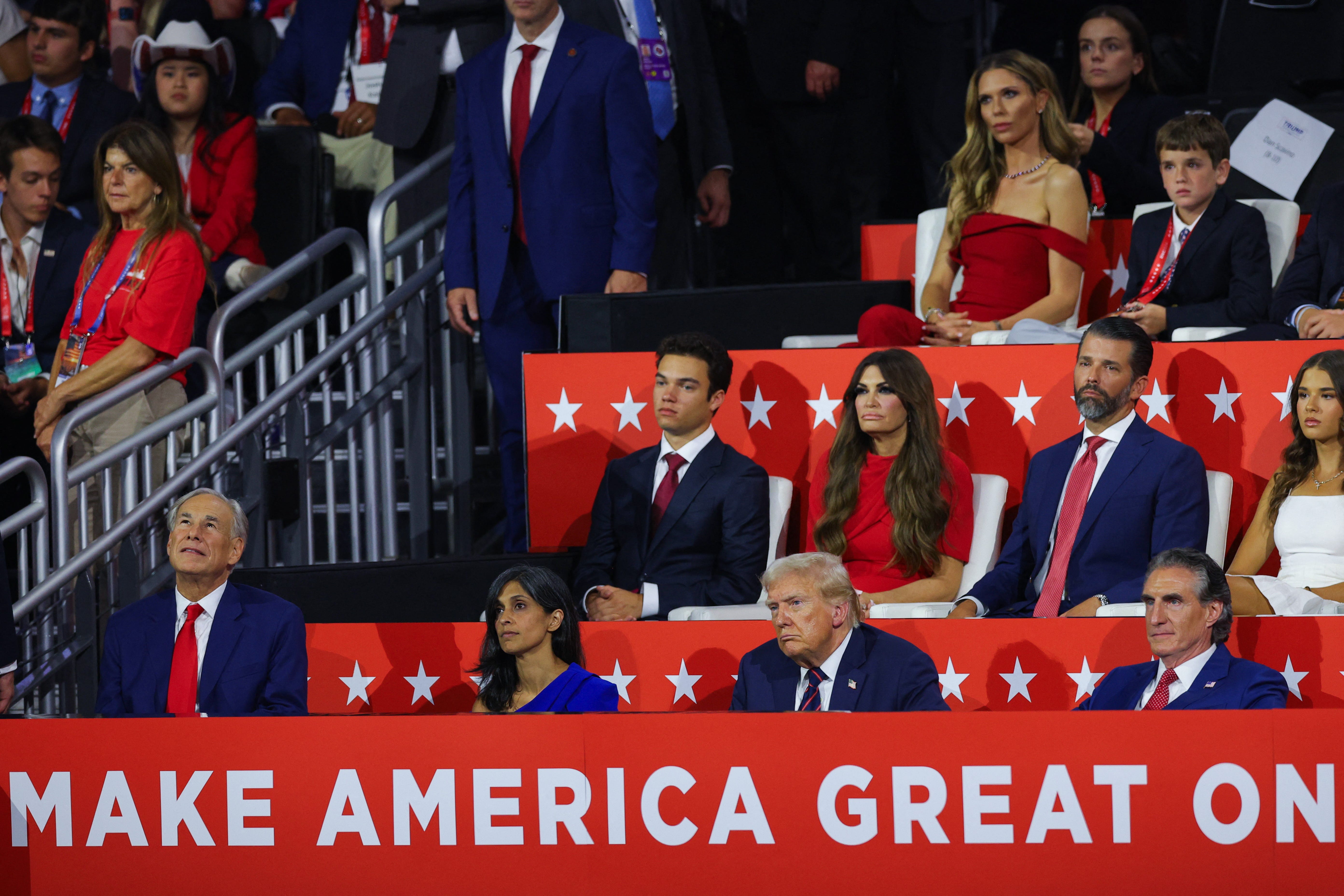 Bettina Anderson, wearing a red pantsuit, was seated behind Donald Trump Jr. and Kimberly Guilfoyle at the Republican National Convention.