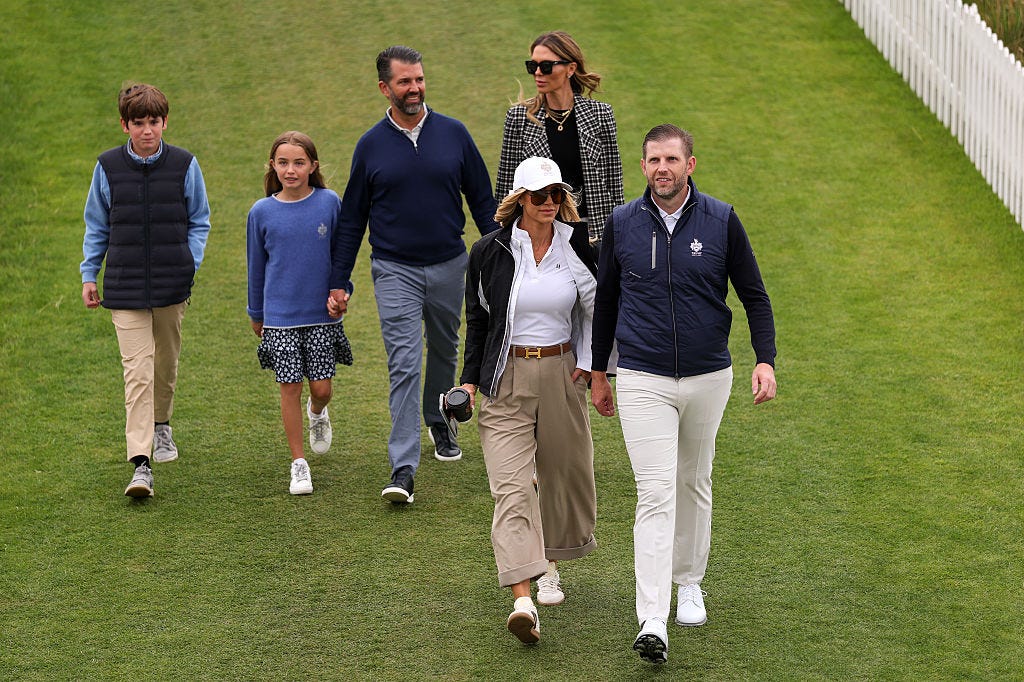 Spencer Trump, Chloe Trump, Donald Trump Jr., Bettina Anderson, Lara Trump, and Eric Trump in Scotland.