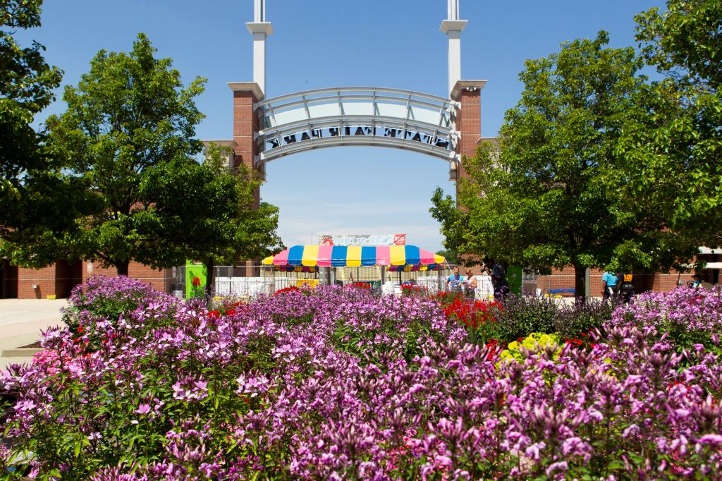Colorful flower display at the entrance to State Fair Park.