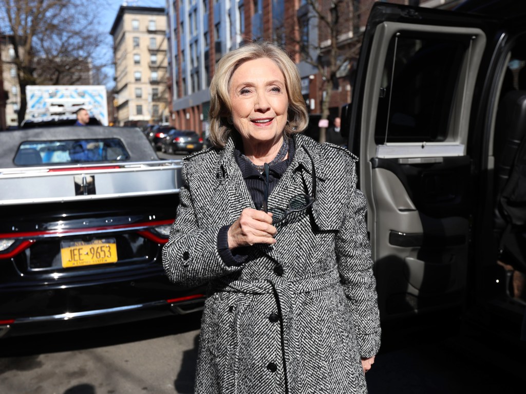 Hillary Clinton speaking to media in Harlem, NY.