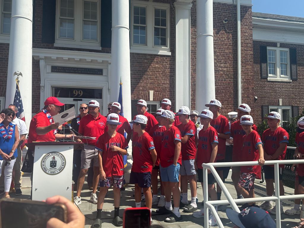 The St. James-Smithtown Little League team at Smithtown Town Hall on Aug. 10, 2025.