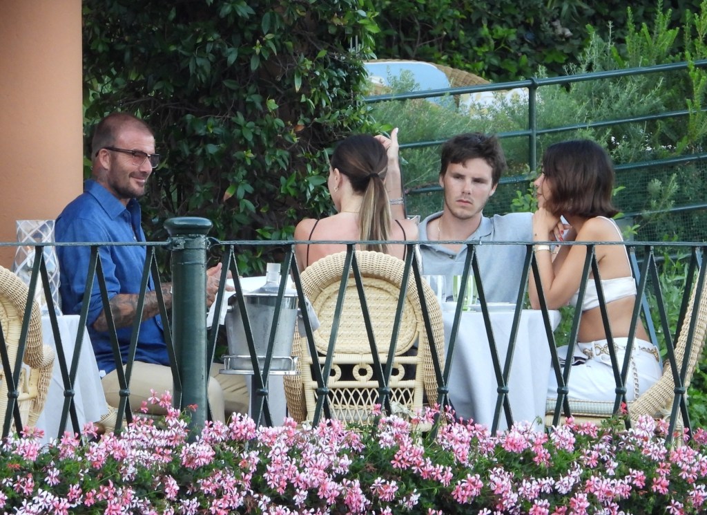 David and Victoria Beckham having dinner with son Cruz and his girlfriend, Jackie Apostel.