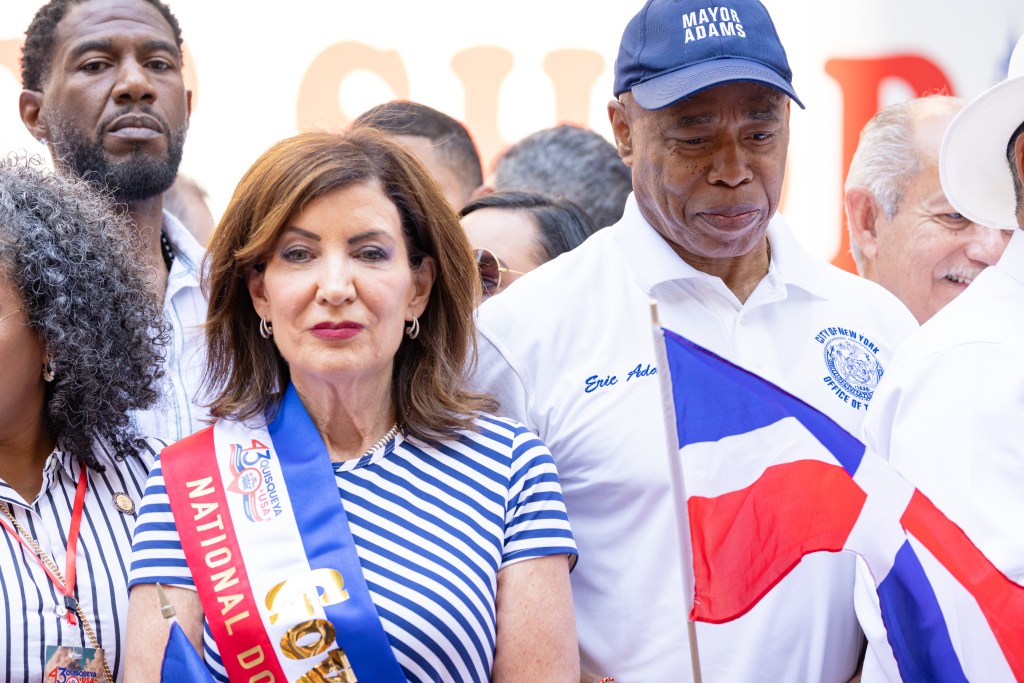 Zohran Mamdani, Kathy Hochul, Jumanne Williams, and Eric Adams at the Dominican Day Parade.