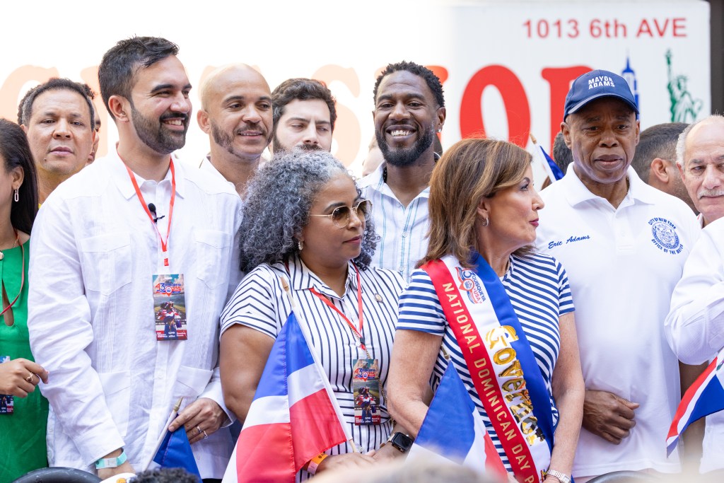 Hochul with Democratic mayoral candidate Zohran Mamdani and Mayor Eric Adams at the Dominican Day Parade on Aug. 10, 2025.