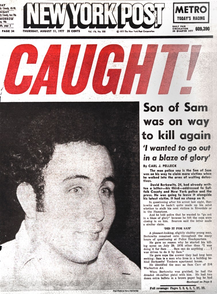 New York Post cover announcing the arrest of Son of Sam.