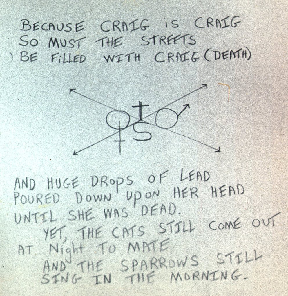 Handwritten poem and symbol on apartment wall.