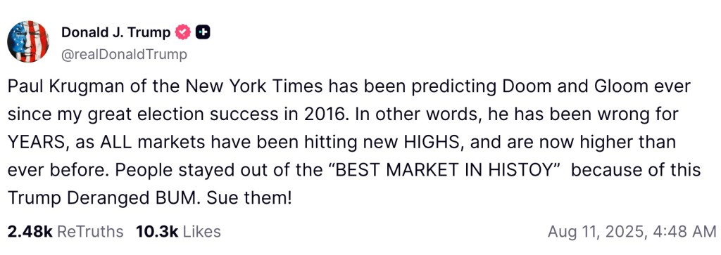 Screenshot of Donald Trump's Truth Social post criticizing Paul Krugman.