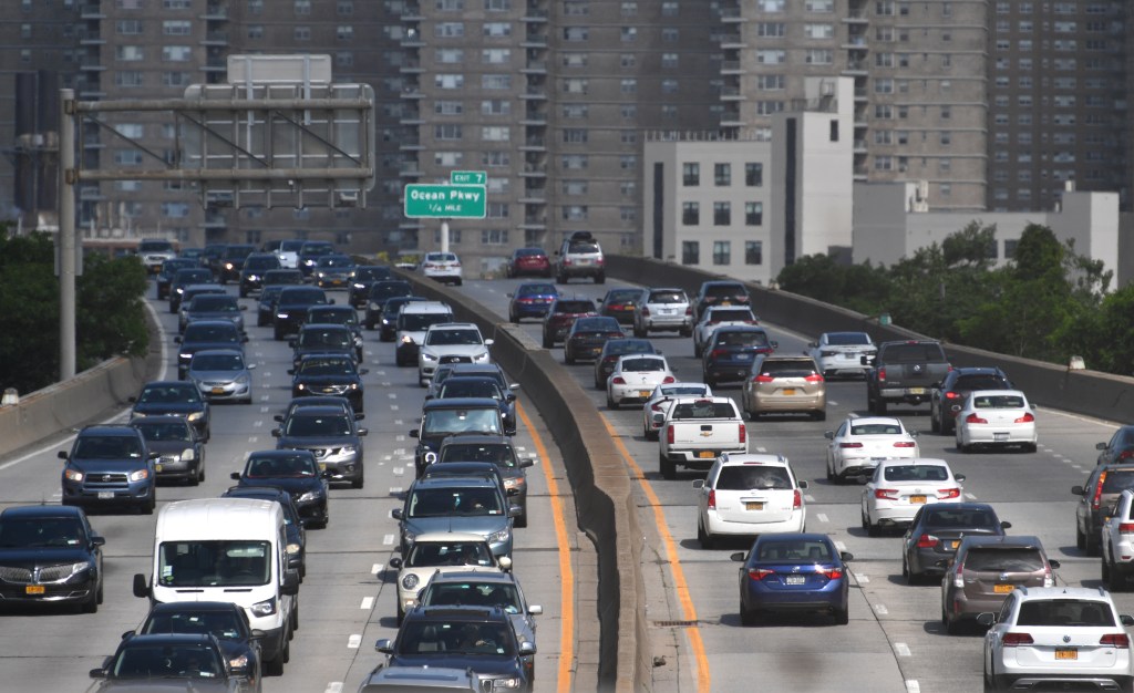 Rush hour traffic on the Belt Parkway approaching the Ocean Parkway exit.