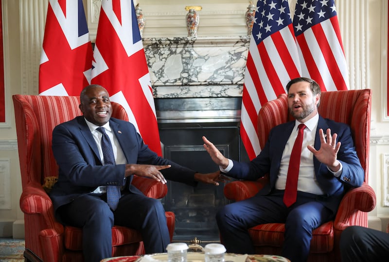 Vance met Friday with U.K. Foreign Minister David Lammy, who's previously accused MAGA of being led by a neo-Nazi sympathizer.
SEVENOAKS, ENGLAND - AUGUST 8: U.S. Vice President JD Vance speaks with British Foreign Secretary David Lammy during a meeting at Chevening House on August 8, 2025 in Sevenoaks, England. US Vice President JD Vance and UK Foreign Secretary David Lammy are meeting for an official bilateral discussion at Chevening House, the Foreign Secretary's Grade I-listed summer residence near Sevenoaks in Kent, where Lammy is hosting the Vance family for the start of their UK holiday. Vance's itinerary is expected to also include a stay in the Cotswolds and a visit to Hampton Court Palace, and comes just weeks after US President Donald Trump vacationed in Scotland. (Photo by Suzanne Plunkett - WPA Pool/Getty Images)