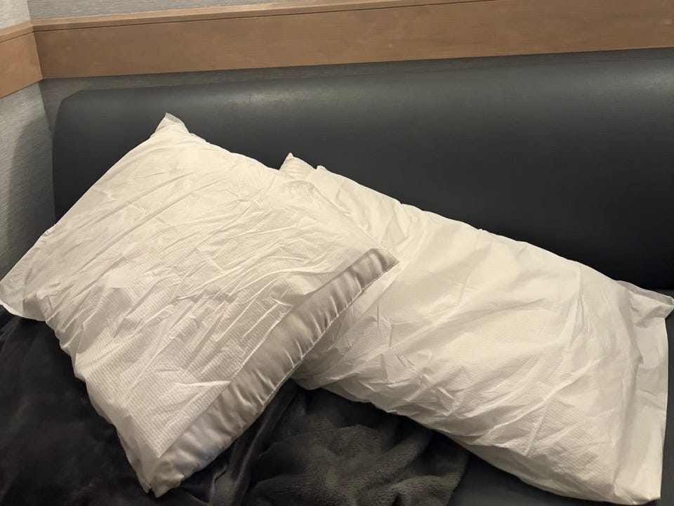 Two pillows with disposable covers on daybed
